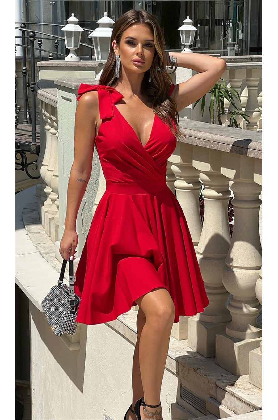 Rochie baby doll scurta rosie din vascoza in clos Katalina 1 - dyandra.ro