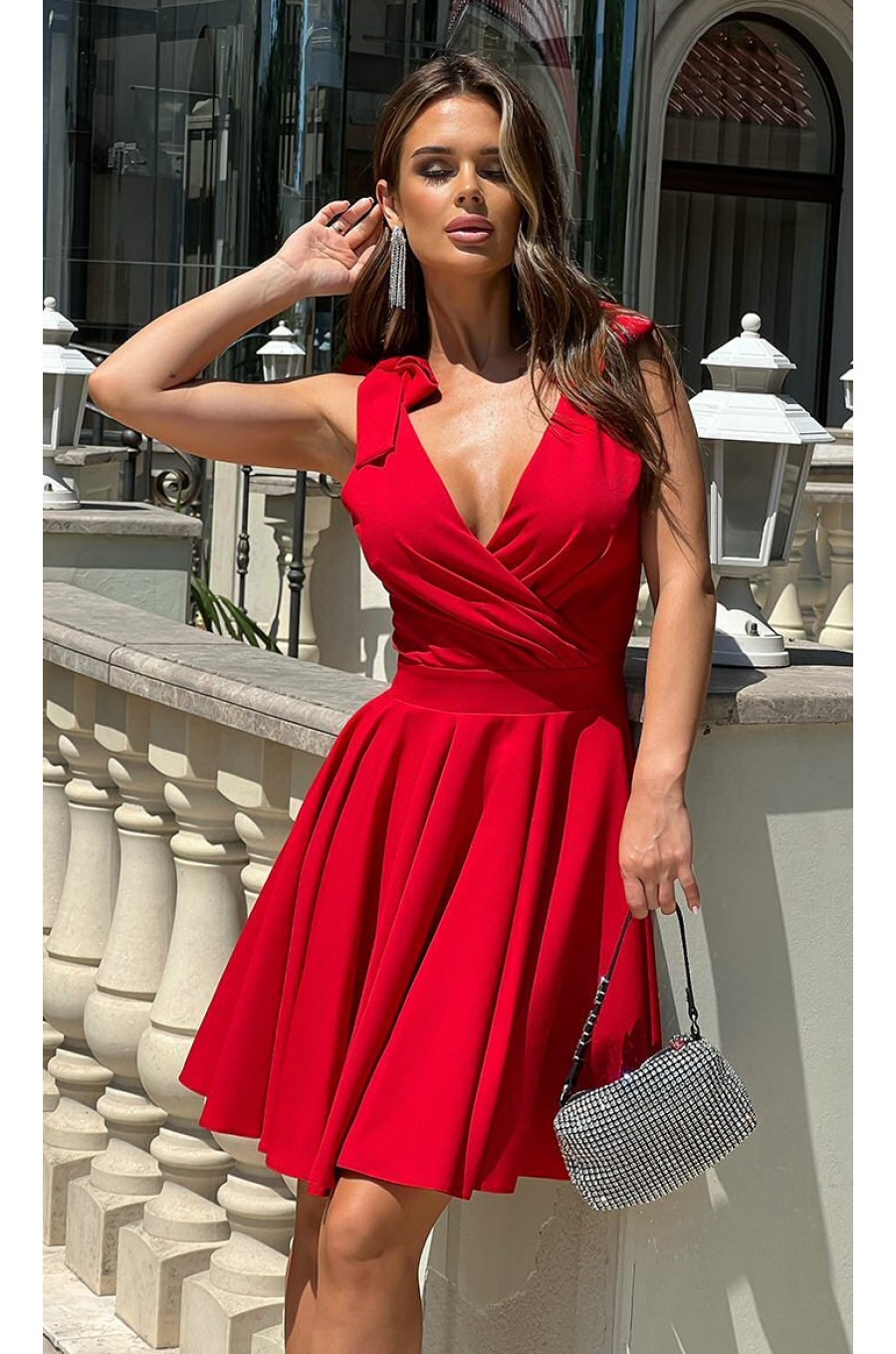 Rochie baby doll scurta rosie din vascoza in clos Katalina 2 - dyandra.ro