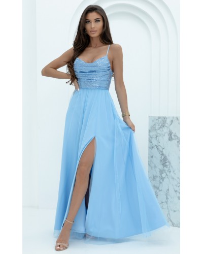 Rochie de banchet lunga, din tulle si paiete, bleu, cu bustul tip corset si umerii goi, Bella - dyandra.ro