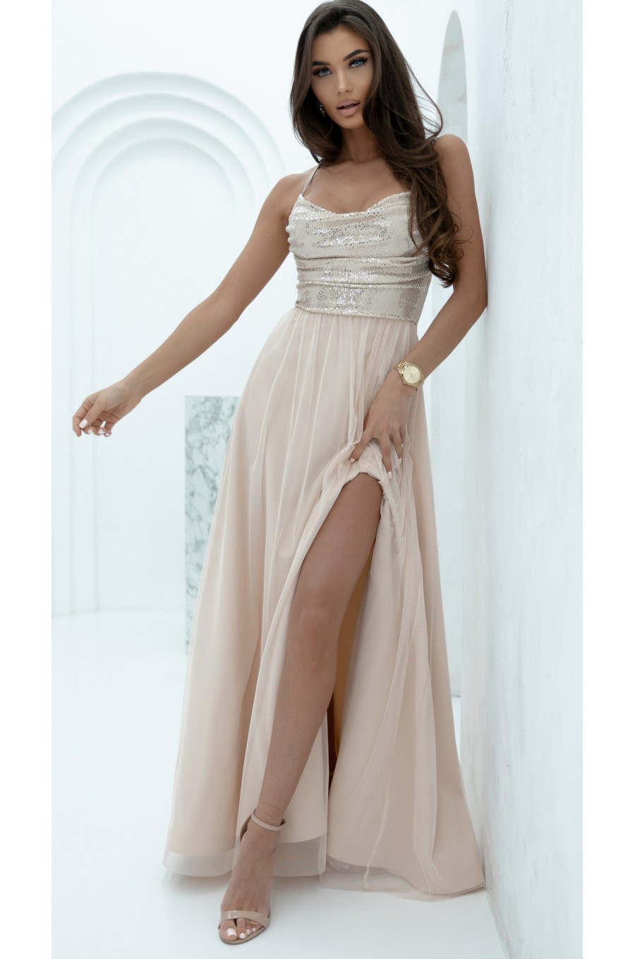 Rochie lunga din tulle si paiete bej cu bustul tip corset si umerii goi Bella 4 - dyandra.ro