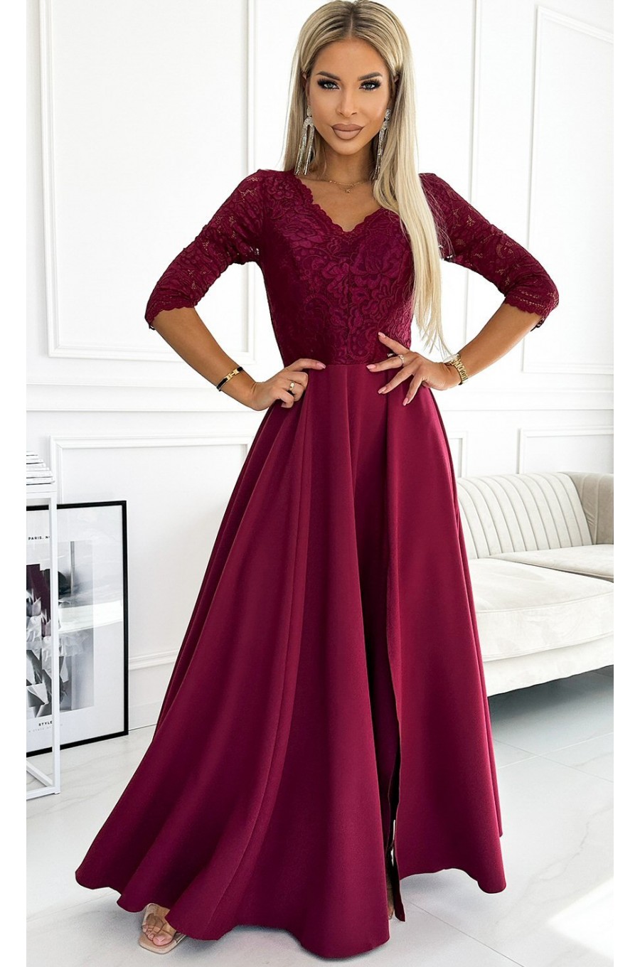 Rochie eleganta lunga din dantela burgundy cu maneca Allegria 1 - dyandra.ro