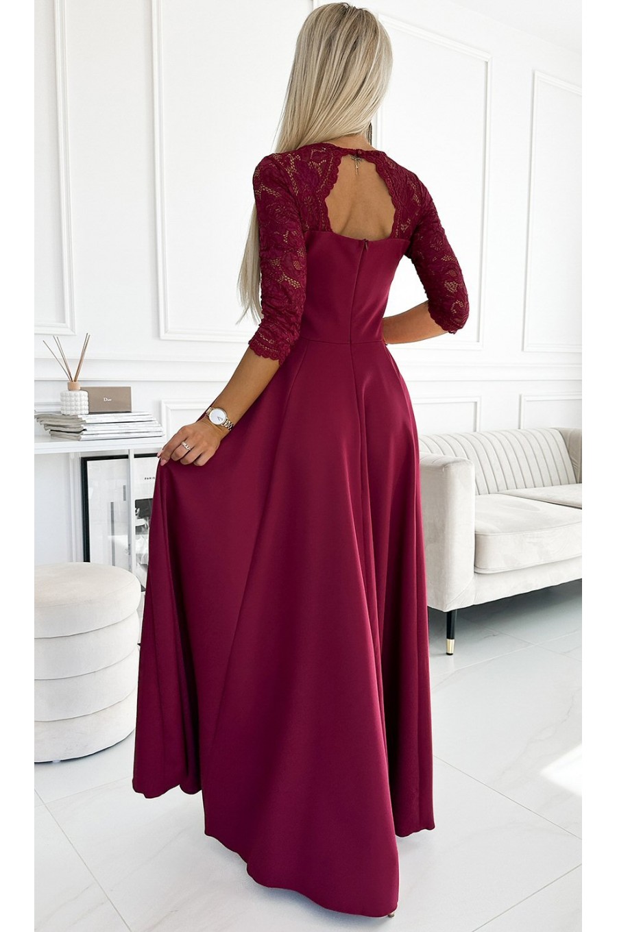 Rochie eleganta lunga din dantela burgundy cu maneca Allegria 2 - dyandra.ro