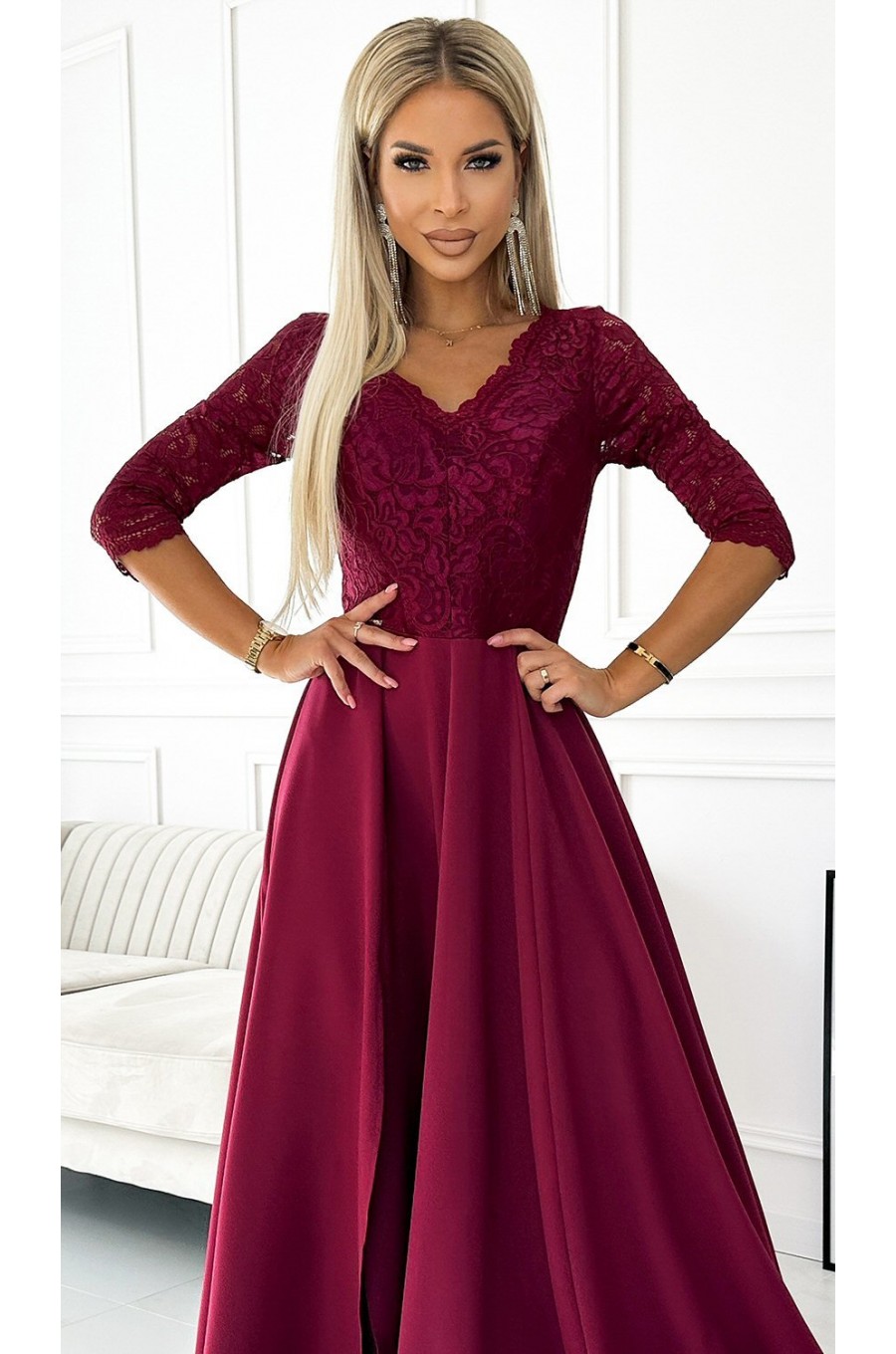 Rochie eleganta lunga din dantela burgundy cu maneca Allegria 4 - dyandra.ro