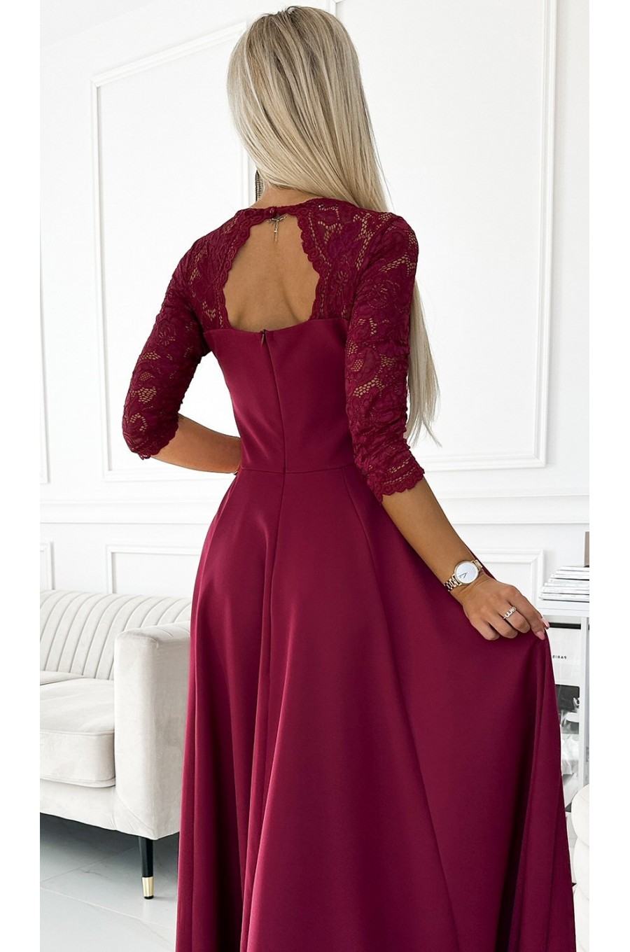 Rochie eleganta lunga din dantela burgundy cu maneca Allegria 5 - dyandra.ro