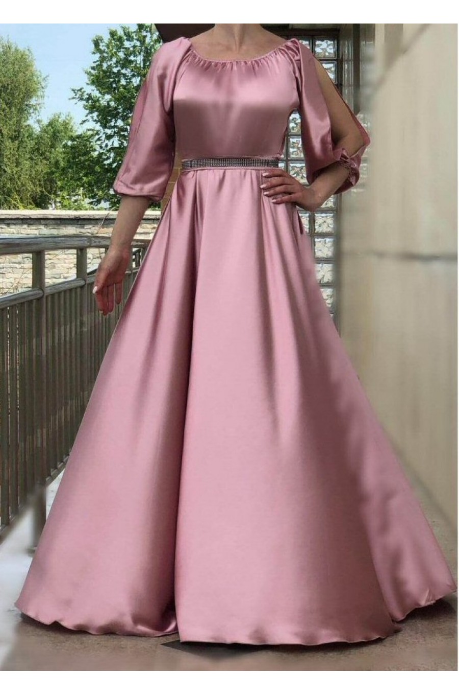 Rochie eleganta de ocazie lunga, din satin, roz pal, cu maneca lunga, vaporoasa, Larisa  2 - dyandra.ro