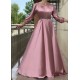 Rochie eleganta de ocazie lunga, din satin, roz pal, cu maneca lunga, vaporoasa, Larisa  2 - dyandra.ro