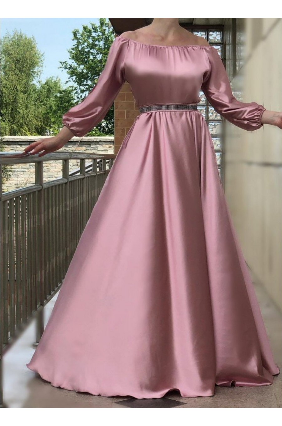 Rochie eleganta de ocazie lunga, din satin, roz pal, cu maneca lunga, vaporoasa, Larisa  1 - dyandra.ro