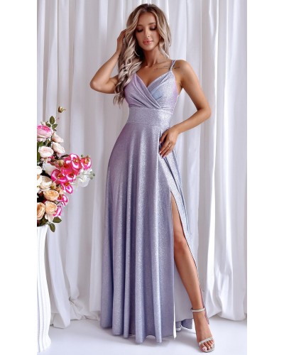 Rochie eleganta lunga, bumbac cu glitter baby blue cu reflexii roz, TifaniW - dyandra.ro