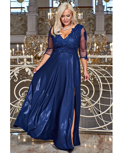 Rochie lunga eleganta in marimi mari din dantela si brocard bleumarin Adalyze - dyandra.ro