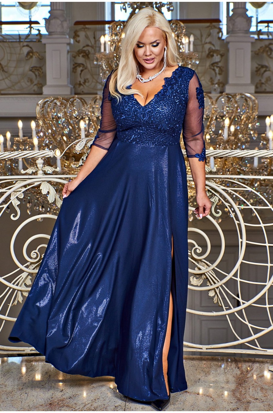 Rochie lunga eleganta in marimi mari din dantela si brocard bleumarin Adalyze 1 - dyandra.ro