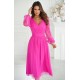 Rochie midi eleganta din tul cu glitter roz neon cu maneca lunga Petra 2 - dyandra.ro