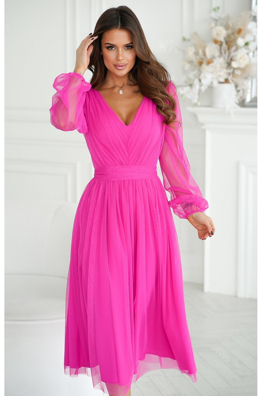 Rochie midi eleganta din tul cu glitter roz neon cu maneca lunga Petra 1 - dyandra.ro