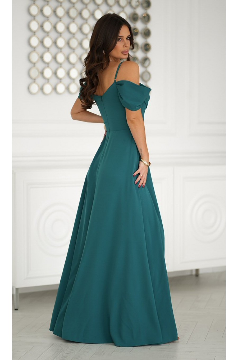 Rochie lunga verde cu umerii goi vaporoasa Katiya 2 - dyandra.ro