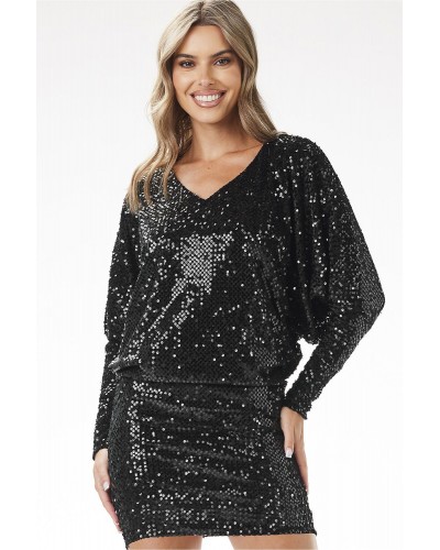 Rochie neagra din catifea cu paiete scurta mulata cu maneca lunga Dana - dyandra.ro