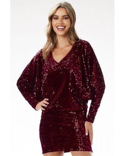 Rochie scurta din catifea burgundy cu paiete si maneca lunga Dana1 - dyandra.ro