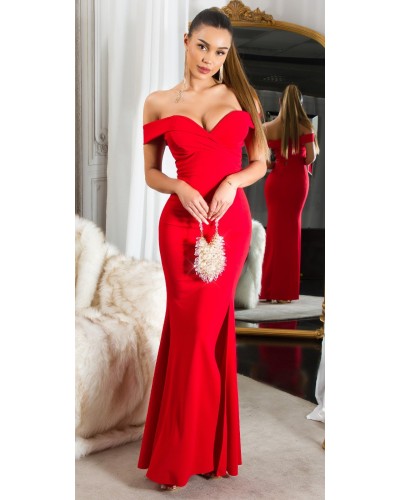 Rochie eleganta lunga, rosie, mulata, cu umerii goi, crapata pe picior, Berda - dyandra.ro