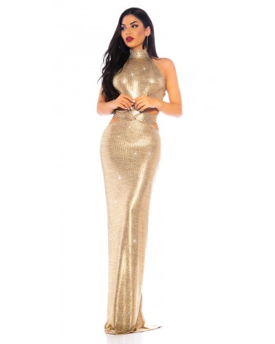 Rochie eleganta lunga, glitter, aurie, mulata, cu spatele gol, Abella - dyandra.ro