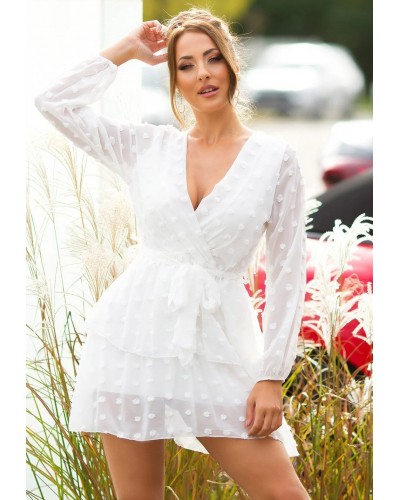 Rochie scurta alba din tulle cu buline cu volane cu maneca lunga Amoreea - dyandra.ro