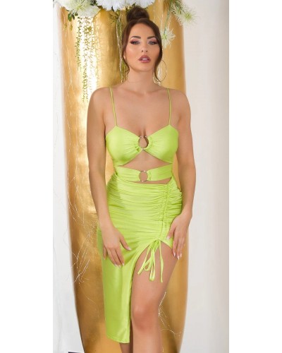 Rochie de club scurta, verde light, mulata, incretita, cu decupaje, asimetrica, Maia - dyandra.ro