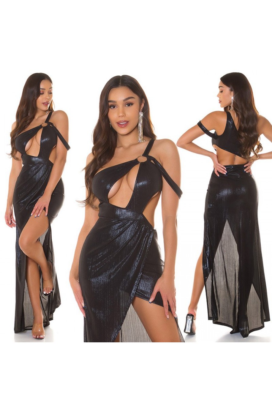 Rochie lunga neagra din glitter mulata cu umerii goi asimetrica Zaria 6 - dyandra.ro