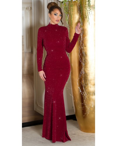 Rochie lunga burgundy mulata din lurex cu maneca lunga  Zerrin  - dyandra.ro