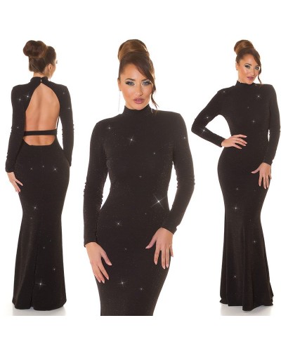Rochie lunga, din lurex, neagra, mulata, cu maneca lunga, Zerrin  - dyandra.ro