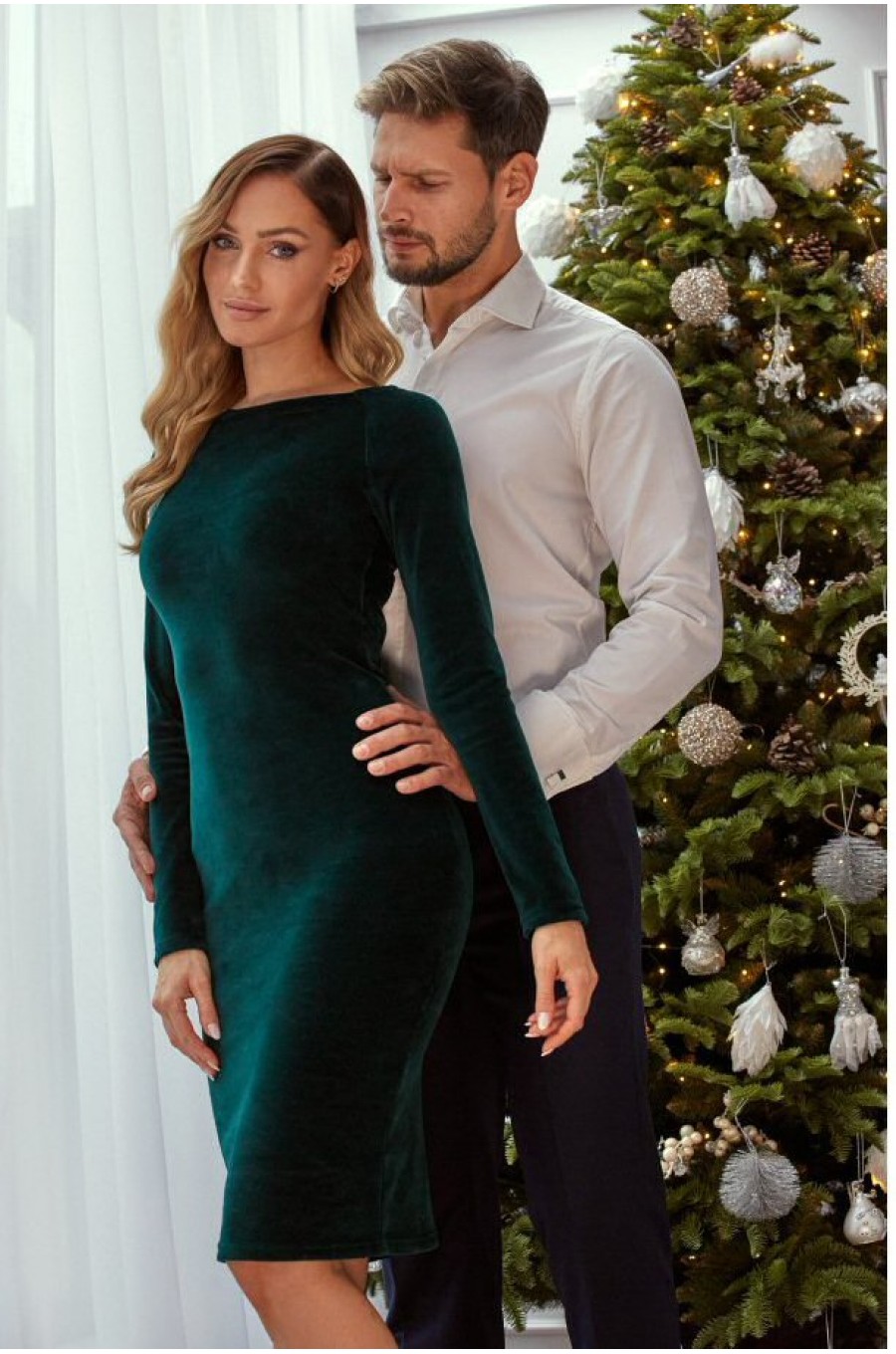 Rochie eleganta midi, catifea, verde, mulata, cu maneca lunga, tip creion, Iris 3 - dyandra.ro