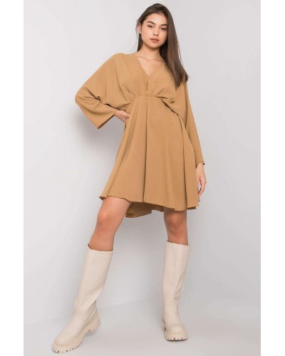 Rochie scurta bej cu maneca lunga Hannah1 - dyandra.ro