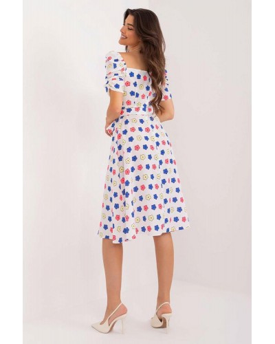 Rochie midi, alba cu floricele, in clos, cu maneca trei sferturi, Arissa2 Rochie midi, alba cu floricele, in clos, cu maneca trei sferturi, Arissa2 - dyandra.ro