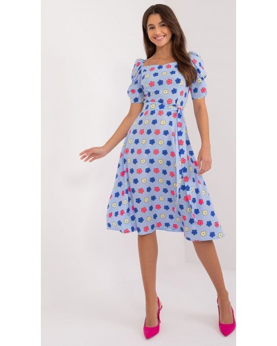 Rochie midi, bleu cu floricele, in clos, cu maneca trei sferturi, Arissa1 - dyandra.ro