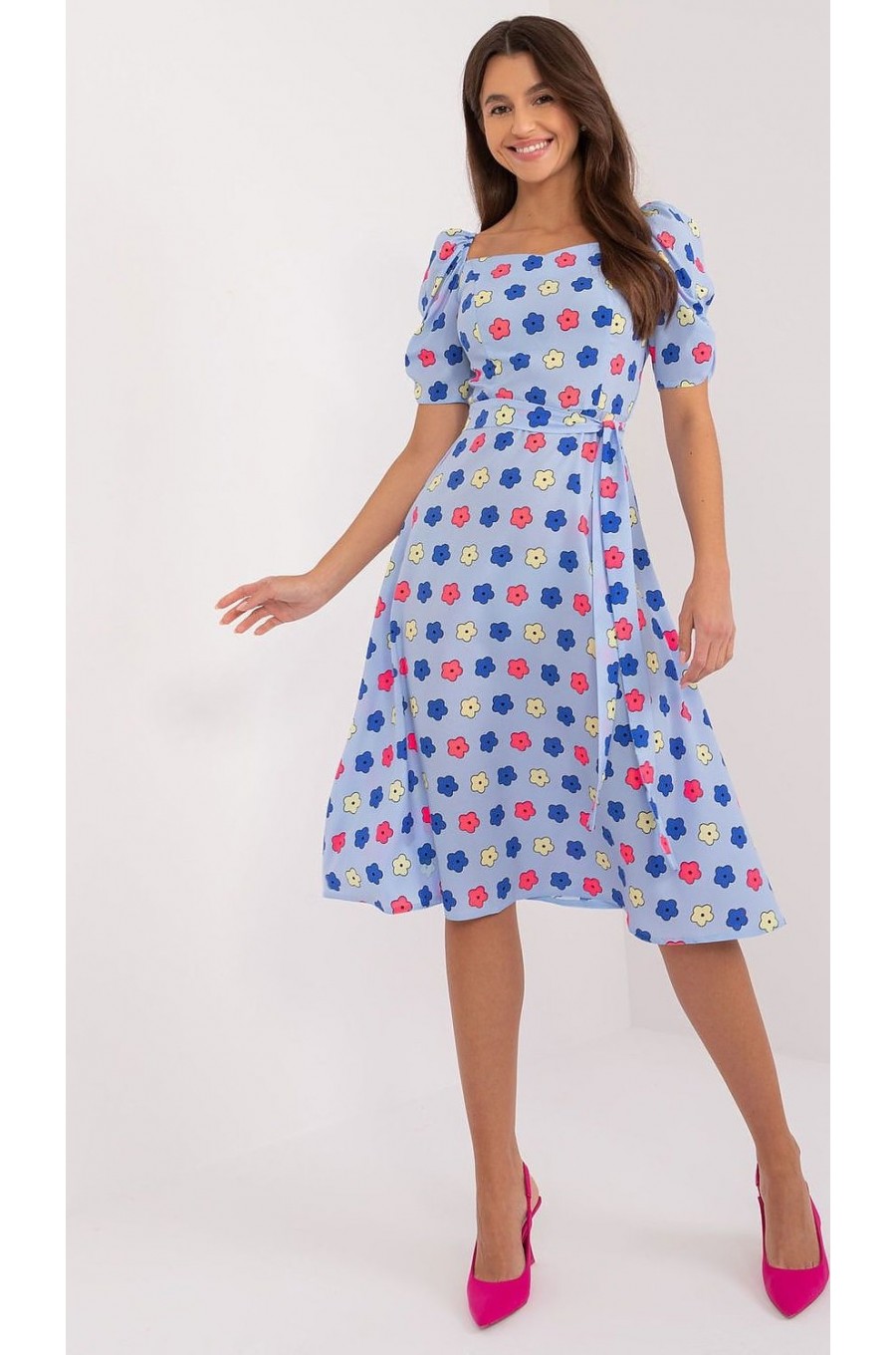 Rochie midi, bleu cu floricele, in clos, cu maneca trei sferturi, Arissa1 Rochie midi, bleu cu floricele, in clos, cu maneca trei sferturi, Arissa1 1 - dyandra.ro