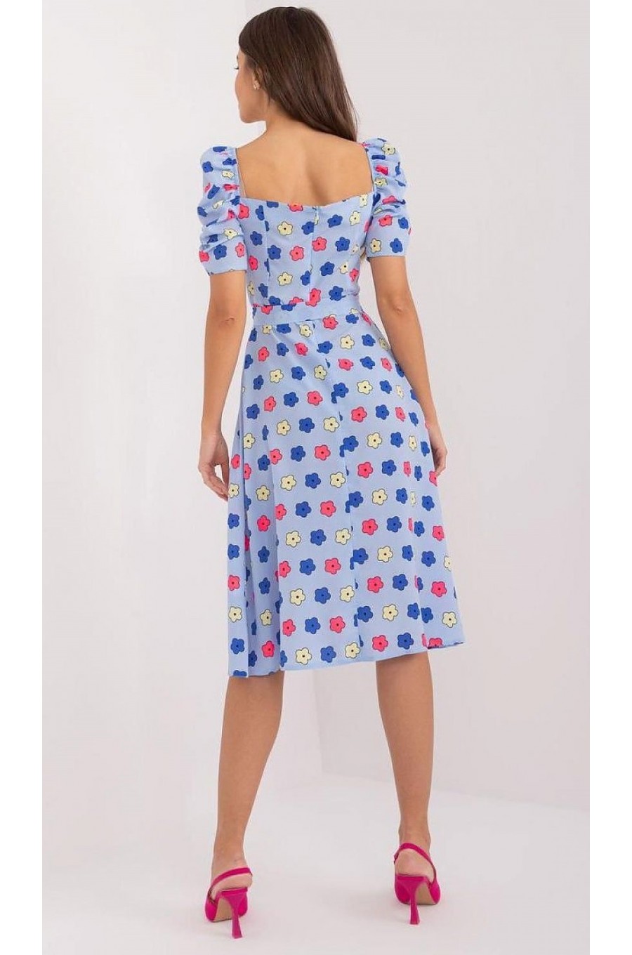 Rochie midi, bleu cu floricele, in clos, cu maneca trei sferturi, Arissa1 Rochie midi, bleu cu floricele, in clos, cu maneca trei sferturi, Arissa1 2 - dyandra.ro