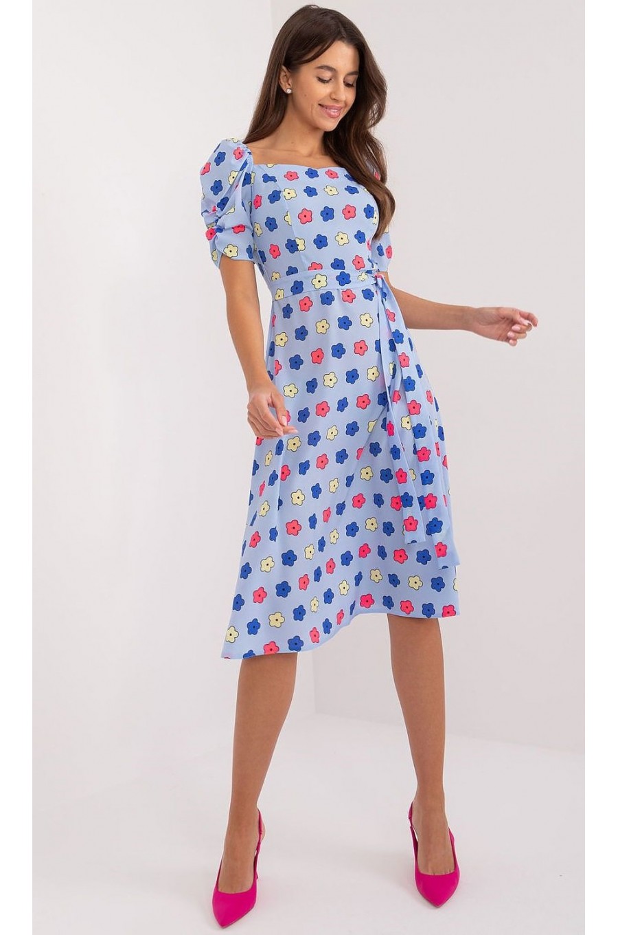 Rochie midi, bleu cu floricele, in clos, cu maneca trei sferturi, Arissa1 Rochie midi, bleu cu floricele, in clos, cu maneca trei sferturi, Arissa1 3 - dyandra.ro