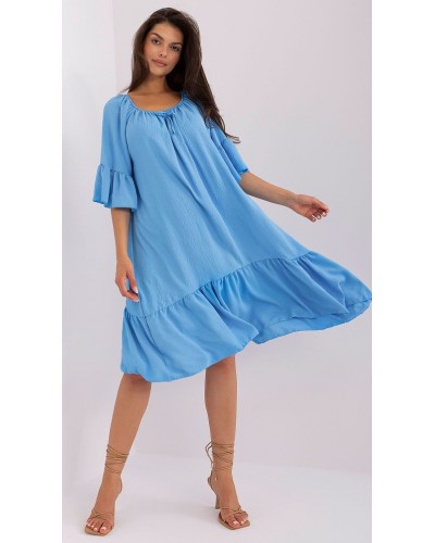 Rochie de vara midi, albastra, oversize, cu volane, vaporoasa, Makadamia - dyandra.ro