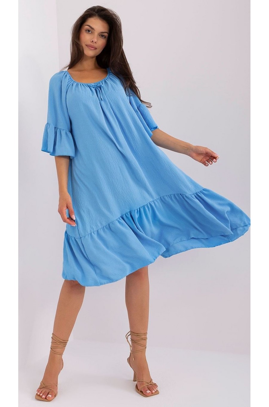 Rochie de vara midi, albastra, oversize, cu volane, vaporoasa, Makadamia 1 - dyandra.ro