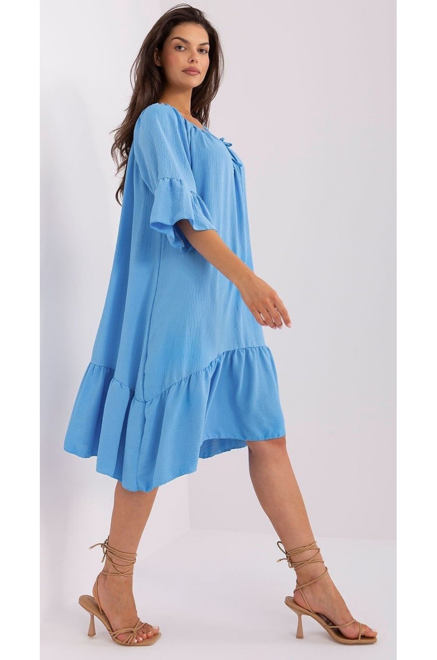 Rochie de vara midi, albastra, oversize, cu volane, vaporoasa, Makadamia 2 - dyandra.ro