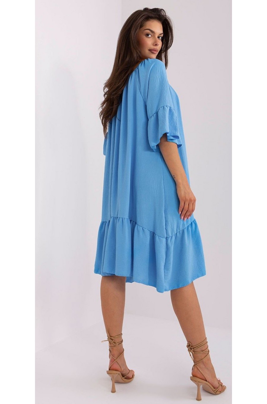 Rochie de vara midi, albastra, oversize, cu volane, vaporoasa, Makadamia 3 - dyandra.ro