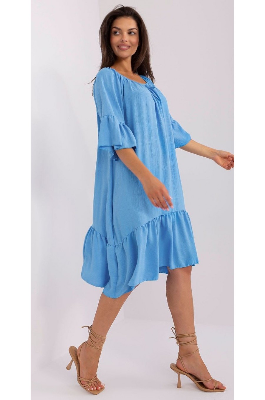 Rochie de vara midi, albastra, oversize, cu volane, vaporoasa, Makadamia 4 - dyandra.ro