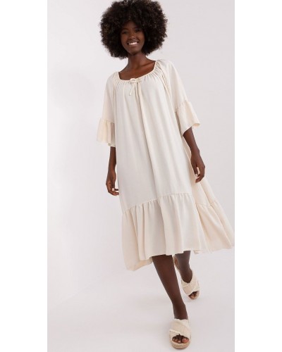 Rochie de vara bej midi oversize cu volane vaporoasa Makadamia - dyandra.ro