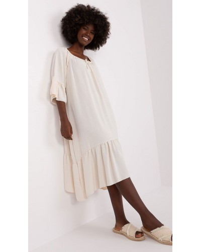 Rochie de vara bej midi oversize cu volane vaporoasa Makadamia - dyandra.ro