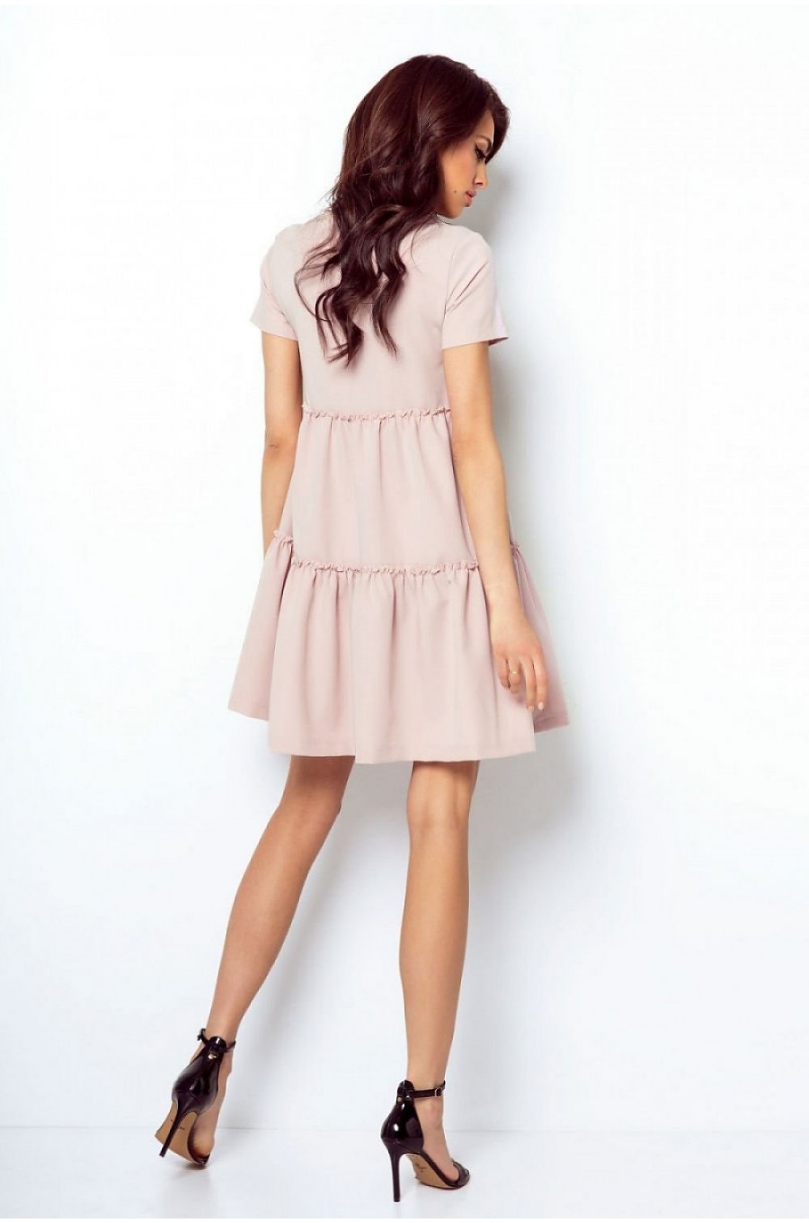 Rochie de vara roz pudrat vaporoasa cu volane din vascoza Anuva 2 - dyandra.ro