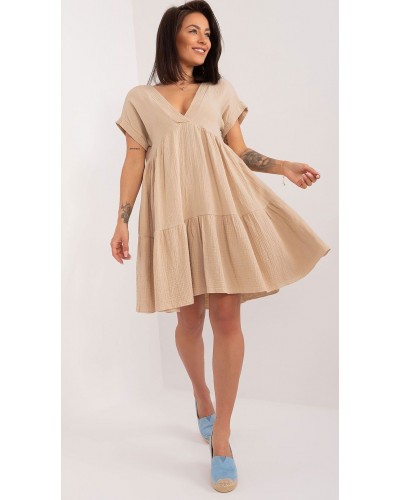 Rochie de vara scurta, din bumbac, bej, croi A, cu volan lat, Nedia - dyandra.ro