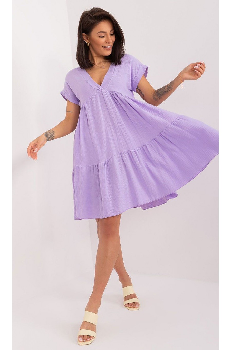 Rochie de vara scurta, din bumbac, lila, croi A, cu volan lat, Nedia Rochie de vara scurta, din bumbac, lila, croi A, cu volan lat, Nedia 1 - dyandra.ro