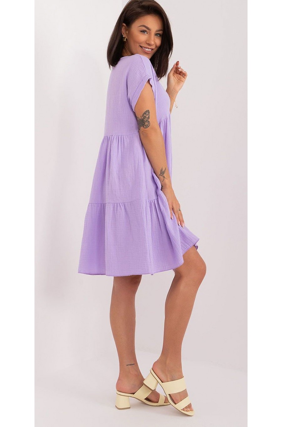 Rochie de vara scurta, din bumbac, lila, croi A, cu volan lat, Nedia Rochie de vara scurta, din bumbac, lila, croi A, cu volan lat, Nedia 2 - dyandra.ro