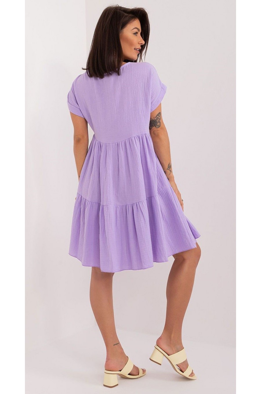 Rochie de vara scurta, din bumbac, lila, croi A, cu volan lat, Nedia Rochie de vara scurta, din bumbac, lila, croi A, cu volan lat, Nedia 3 - dyandra.ro