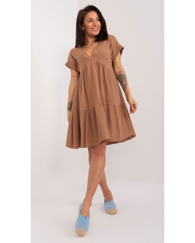 Rochie de vara scurta, din bumbac, maro, croi A, cu volan lat, Nedia - dyandra.ro