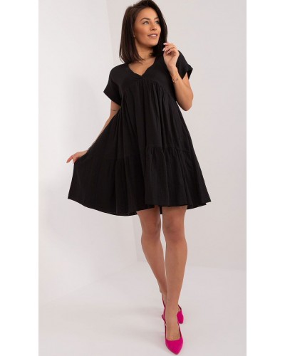 Rochie de vara scurta, din bumbac, neagra, croi A, cu volan lat, Nedia - dyandra.ro