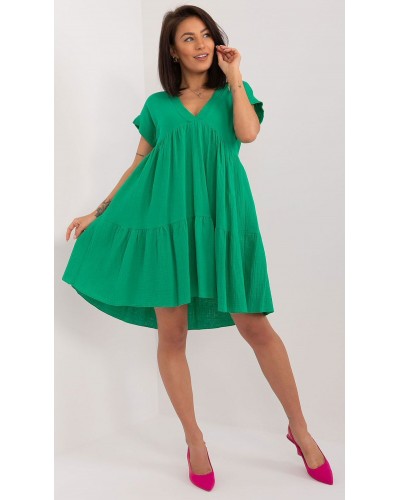 Rochie de vara scurta, din bumbac, verde, croi A, cu volan lat, Nedia - dyandra.ro