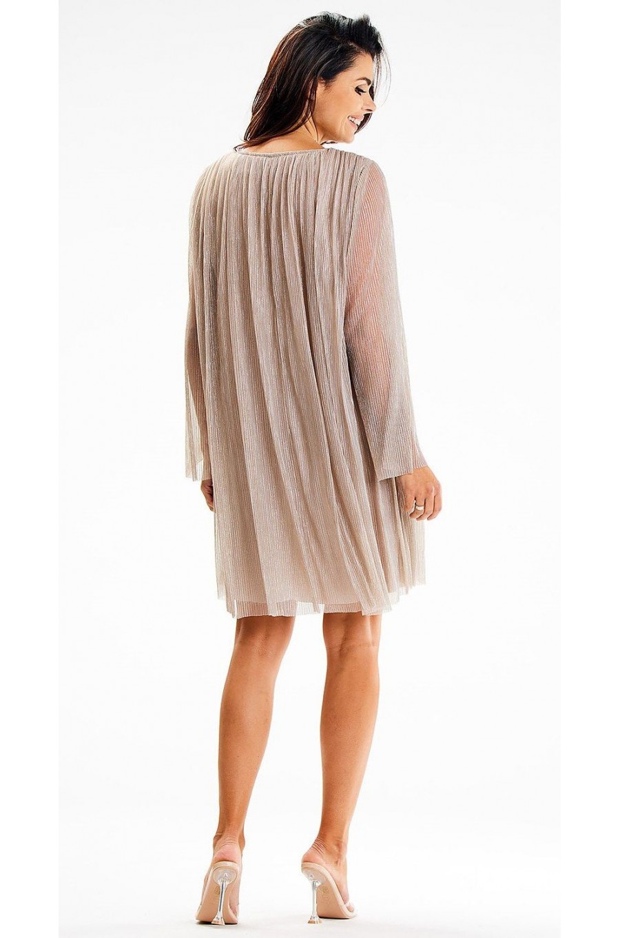 Rochie scurta din glitter bej cu maneca lunga Kyelle2 Rochie scurta din glitter bej cu maneca lunga Kyelle2 3 - dyandra.ro