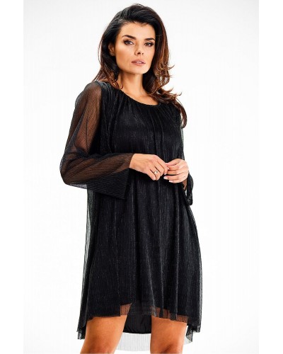 Rochie scurta neagra din glitter cu maneca lunga Kyelle1 - dyandra.ro